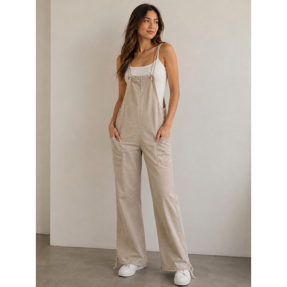 Vtg Vanilla Star Womens Wide Leg Overalls Beige Khaki Denim Jumpsuit Size Small